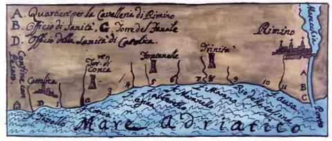 Sec. XVIII, Archivio di Stato, Rimini - disegno a penna acquarellato da C. Pagliari (dall'archivio fotografico della Biblioteca comunale di Cattolica)