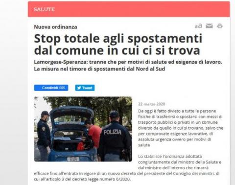 Stop totale agli spostamenti dal comune in cui ci si trova