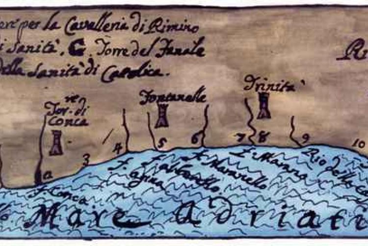 Sec. XVIII, Archivio di Stato, Rimini - disegno a penna acquarellato da C. Pagliari (dall'archivio fotografico della Biblioteca comunale di Cattolica)
