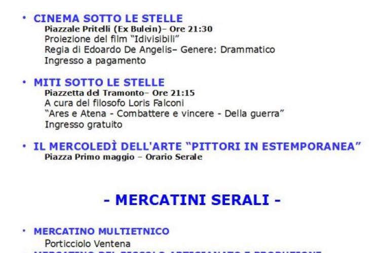MERCOLEDI' 9 AGOSTO - EVENTI E MANIFESTAZIONI